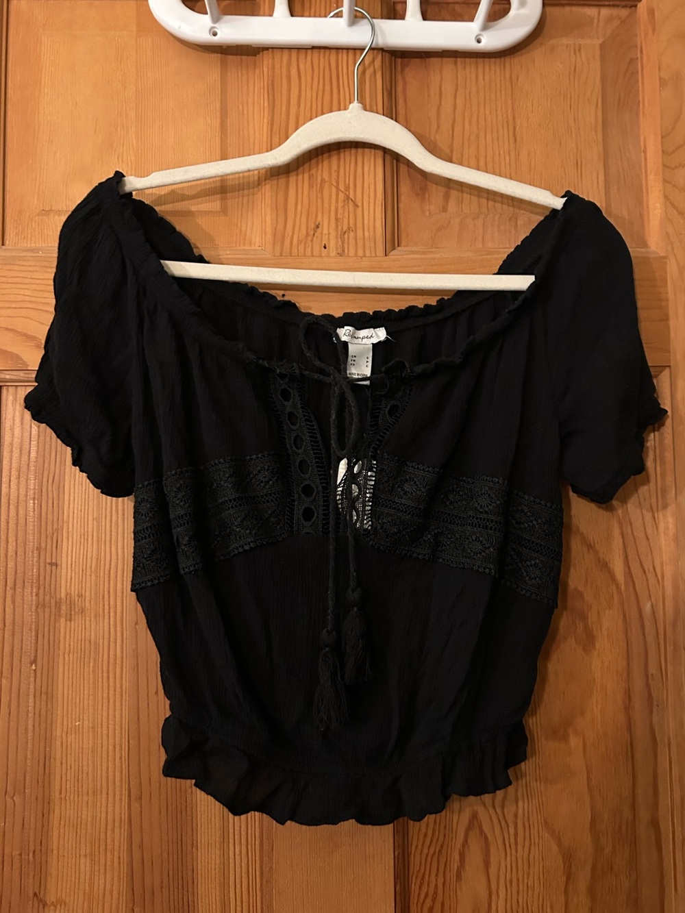 Revamped Black Off-Shoulder Lace-Trim Peasant Top